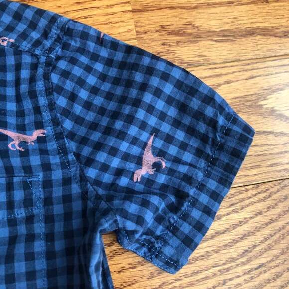 BABY GAP Button-Down Short Sleeve Dino Graphinc Plaid Blue Shirt Toddler Size 3 - Picture 4 of 7
